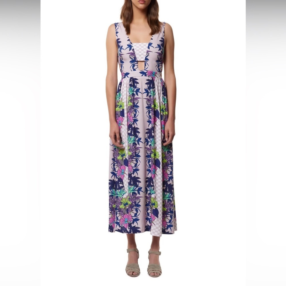 Mara Hoffman mixed print tropical lavender colored midi dress. Size Small